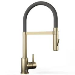The Tap Factory Vibrance Tube Brushed Brass Mono Pull Out Kitchen Mixer Tap with Coloured Spout
