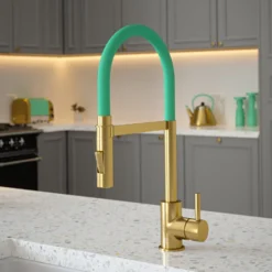 The Tap Factory Vibrance Tube Brushed Brass Mono Pull Out Kitchen Mixer Tap with Coloured Spout