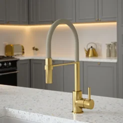 The Tap Factory Vibrance Tube Brushed Brass Mono Pull Out Kitchen Mixer Tap with Coloured Spout