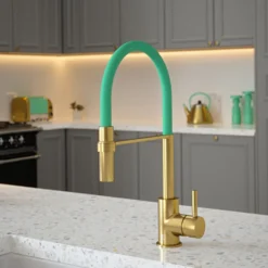The Tap Factory Vibrance Tube Brushed Brass Mono Pull Out Kitchen Mixer Tap with Coloured Spout