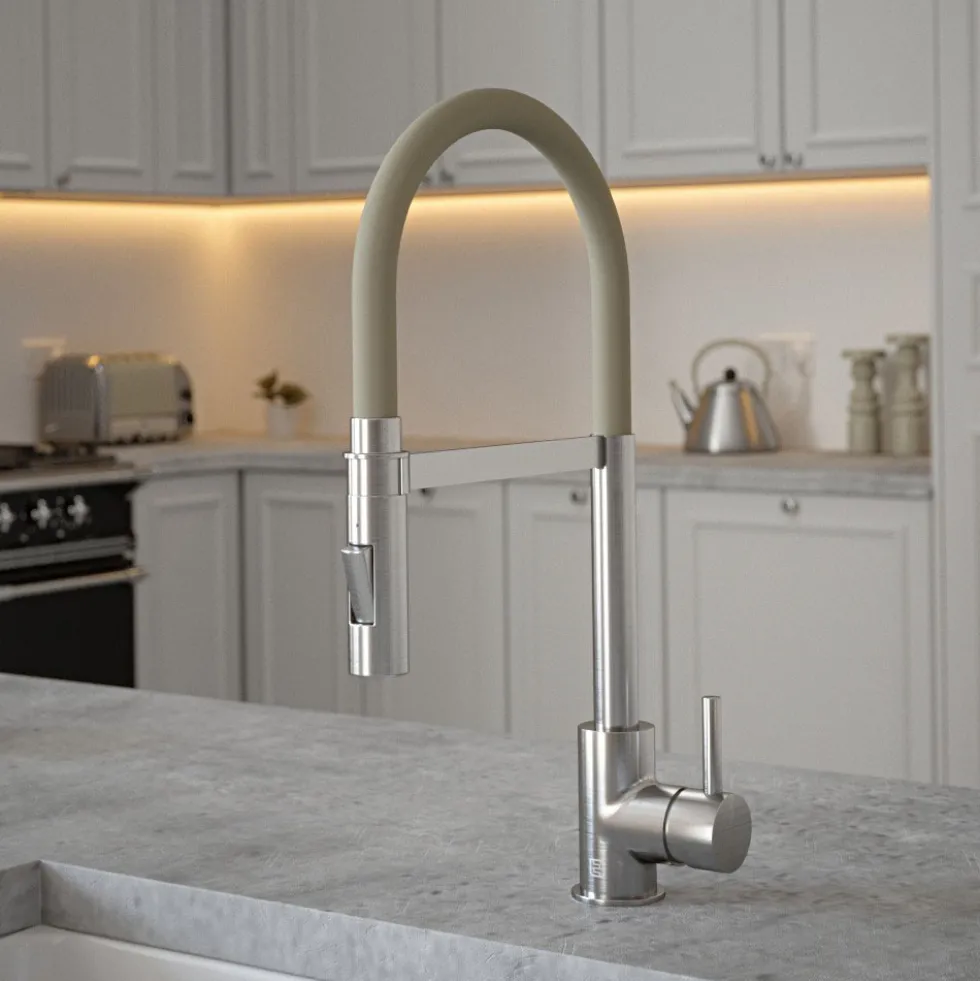 The Tap Factory Vibrance Tube Brushed Nickel Mono Pull Out Kitchen Mixer Tap with Coloured Spout