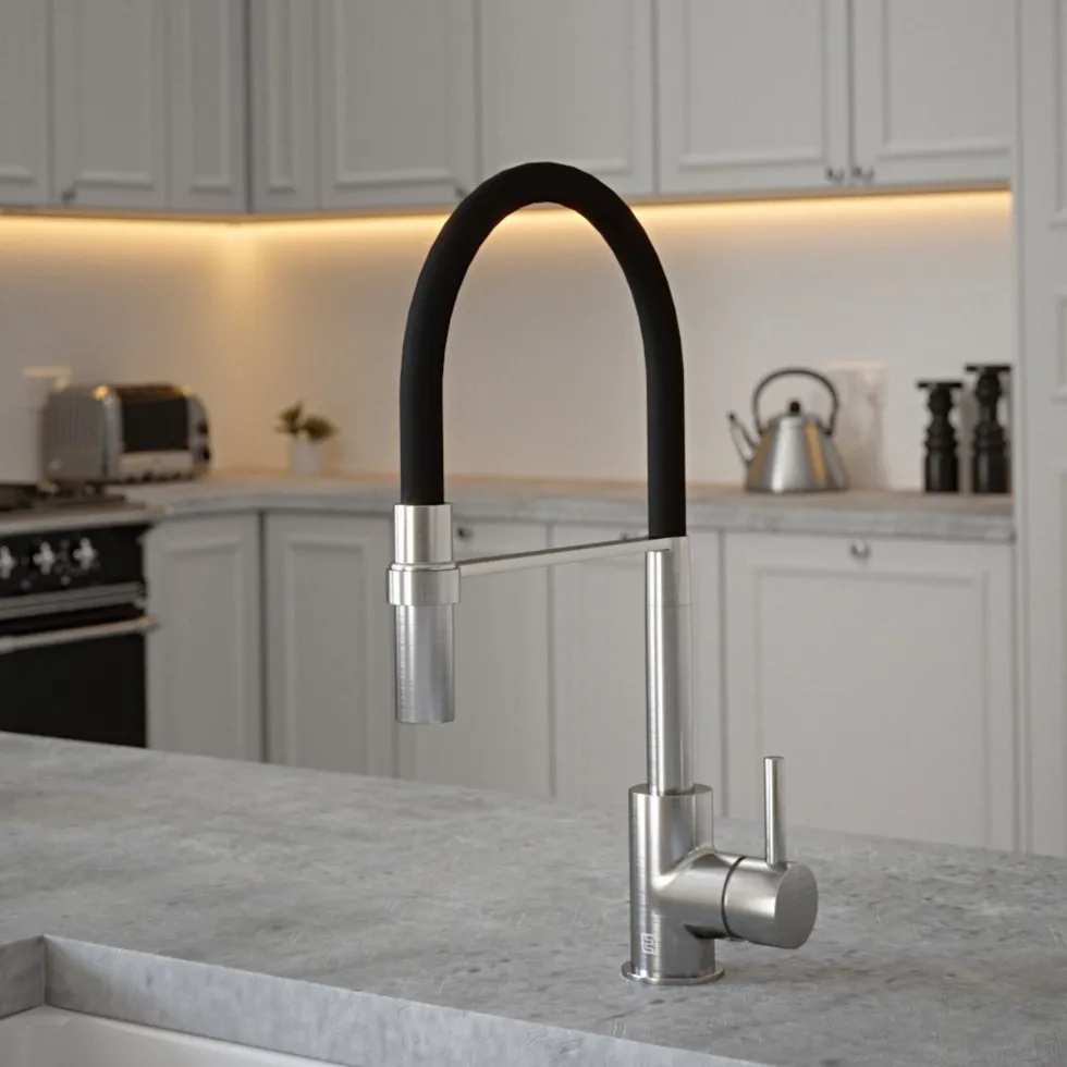 The Tap Factory Vibrance Tube Brushed Nickel Mono Pull Out Kitchen Mixer Tap with Coloured Spout