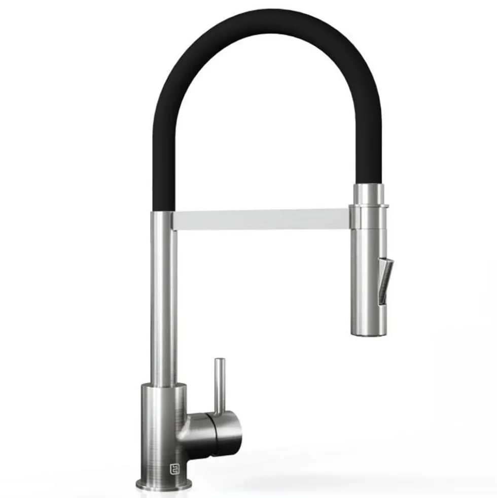 The Tap Factory Vibrance Tube Brushed Nickel Mono Pull Out Kitchen Mixer Tap with Coloured Spout