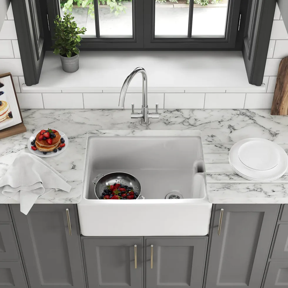 Thomas Denby Belfast 1 Bowl Gloss White Ceramic Kitchen Sink - 595 x 460mm