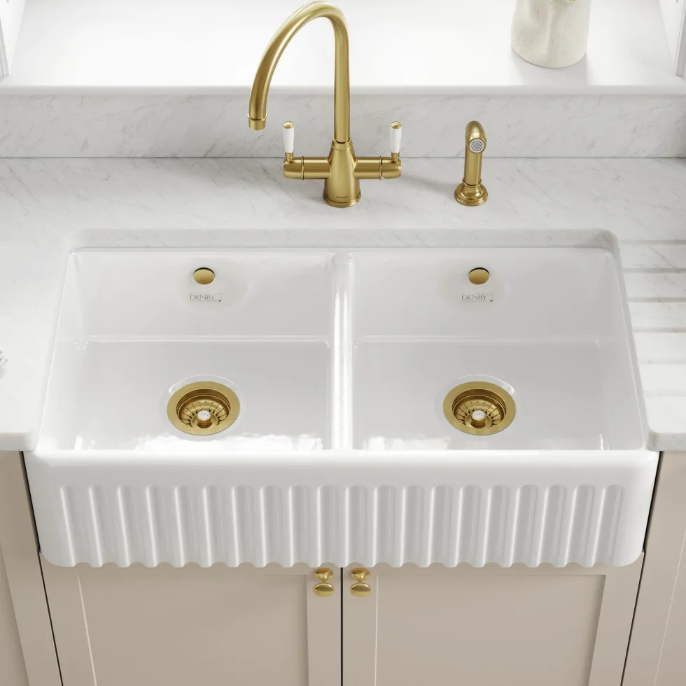 Thomas Denby Buxton 2 Bowl Fluted White Ceramic Belfast Sink - 895 x 465mm