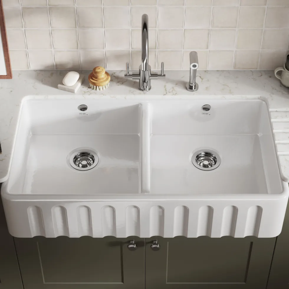 Thomas Denby Cotswold 2 Bowl Fluted White Ceramic Belfast Sink - 1000 x 535mm