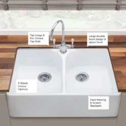 Thomas Denby Heritage Double Belfast Large 2 Bowl White Ceramic Kitchen Sink - 795 x 500mm