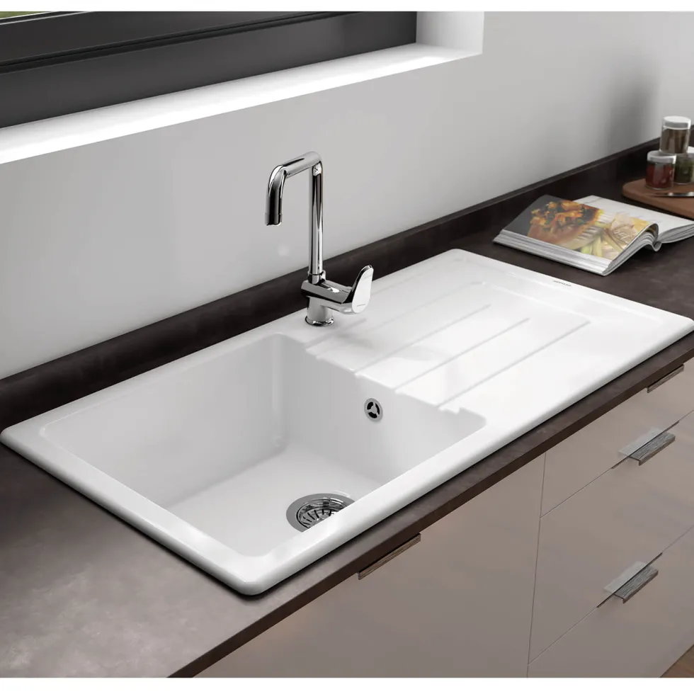 Thomas Denby Jarla 1 Bowl Gloss White Ceramic Kitchen Sink with Reversible Drainer - 1000 x 500mm