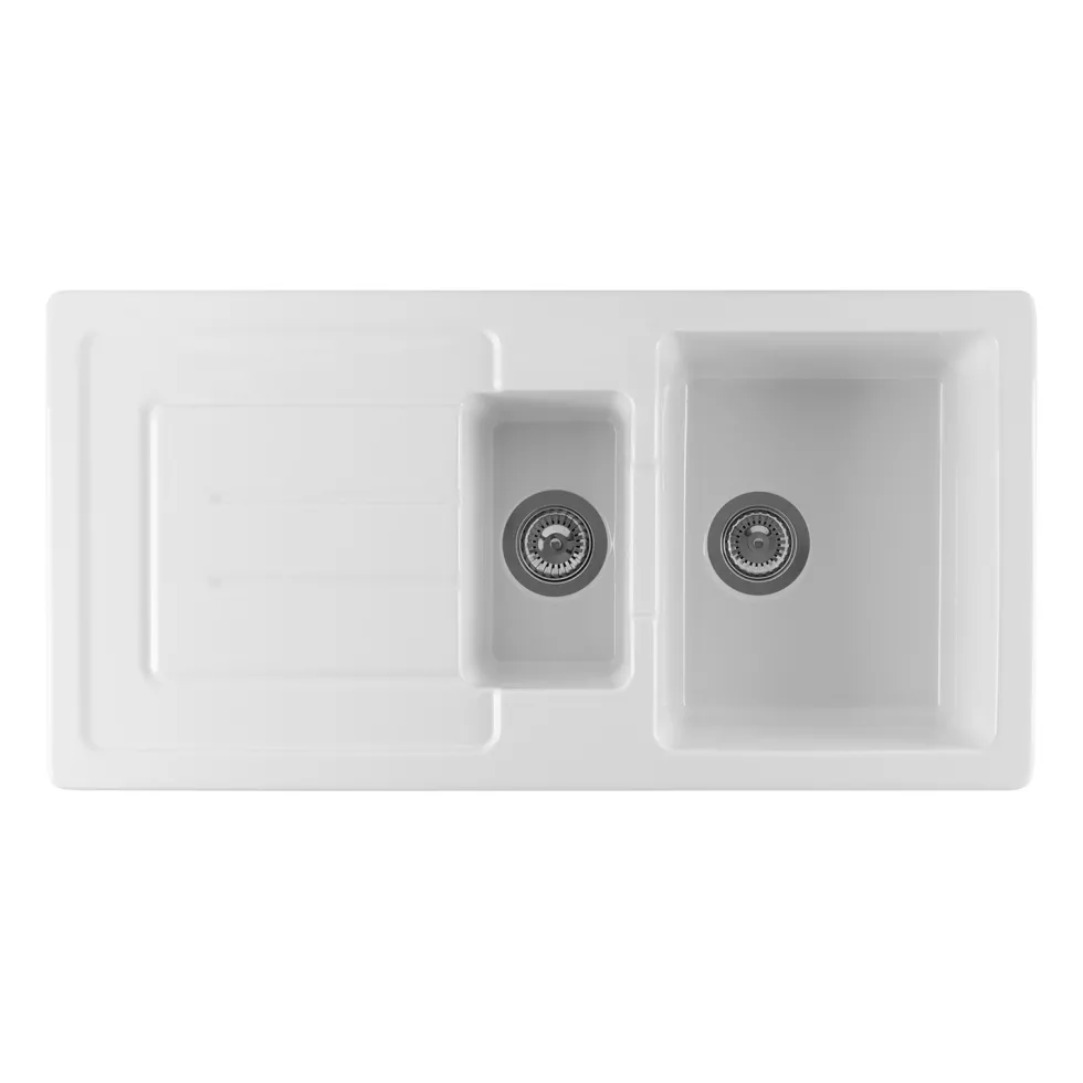 Thomas Denby Jarla 1.5 Bowl Gloss White Ceramic Kitchen Sink with Reversible Drainer - 1000 x 500mm