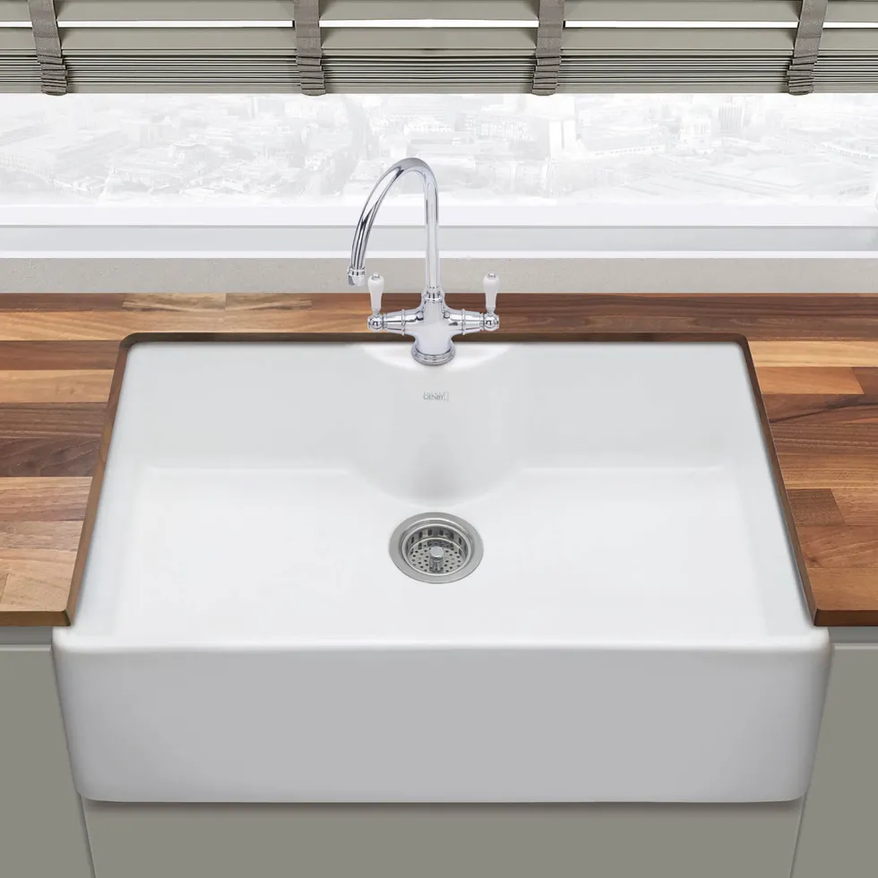 Thomas Denby Legacy Belfast 1 Bowl Gloss White Ceramic Kitchen Sink with Tap Ledge - 795 x 500mm