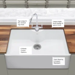 Thomas Denby Legacy Belfast 1 Bowl Gloss White Ceramic Kitchen Sink with Tap Ledge - 795 x 500mm