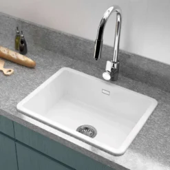 Thomas Denby Metro 1 Bowl and Half Bowl Inset or Undermount Gloss White Ceramic Kitchen Sink