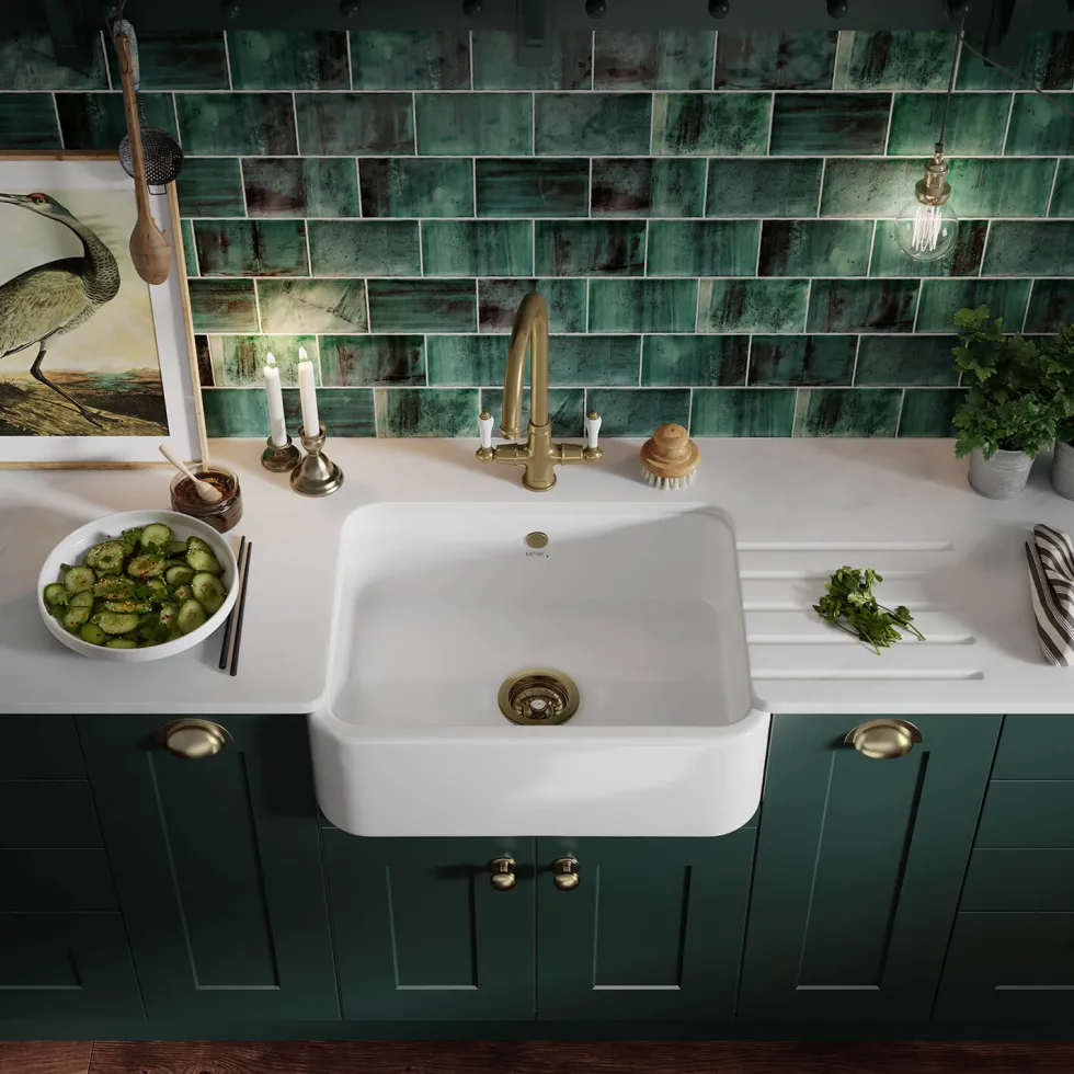 Thomas Denby Windsor Belfast 1 Bowl Gloss White Ceramic Kitchen Sink - 595 x 460mm