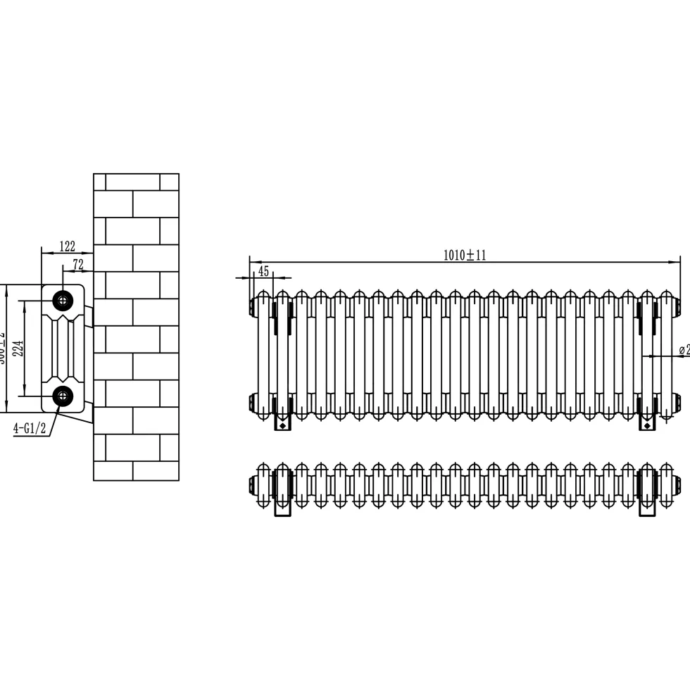 Toasty Ardleigh White Compact Horizontal 3 Column Radiator - 300mm Height