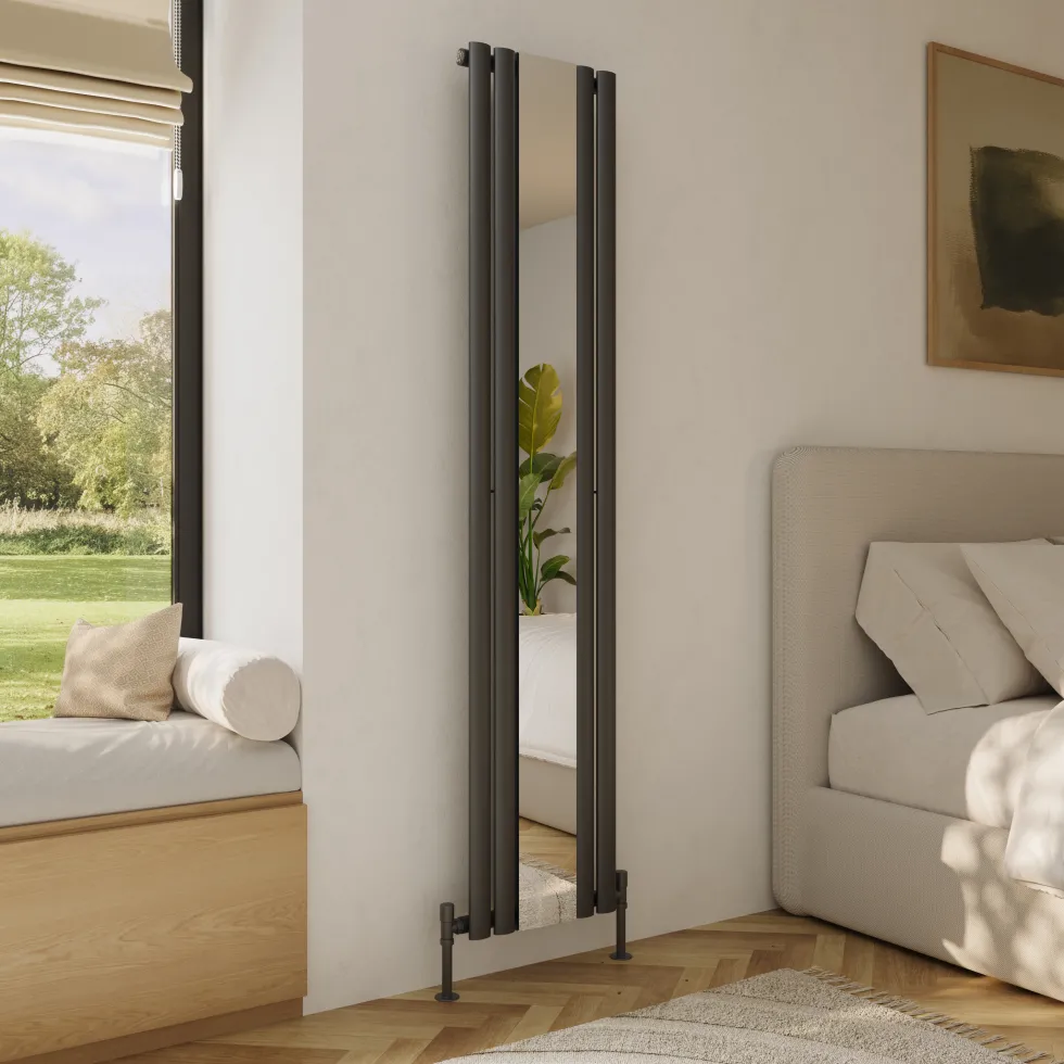 Toasty Echo Anthracite Grey Oval Single Panel Vertical Mirror Radiator - 1800 x 380mm