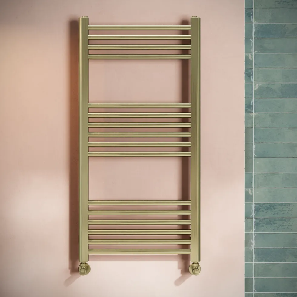 Toasty Glow Brushed Brass 22mm Heated Ladder Towel Rail