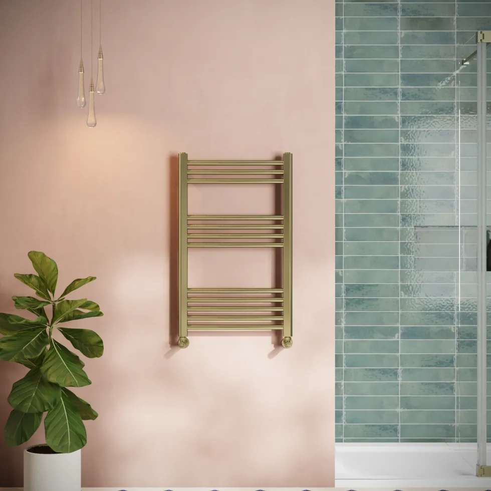 Toasty Glow Brushed Brass 22mm Heated Ladder Towel Rail