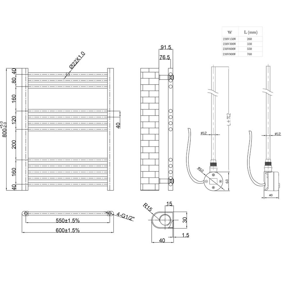 Toasty Glow Matt Black 22mm Electric Heated Ladder Towel Rail with Heating Element