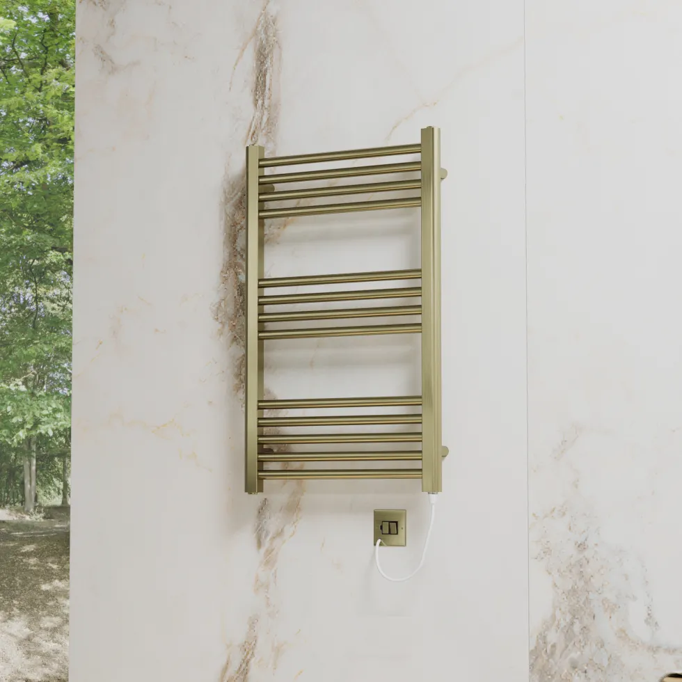 Toasty Glow Premium Brushed Brass 25mm Electric Heated Towel Rail with Heating Element