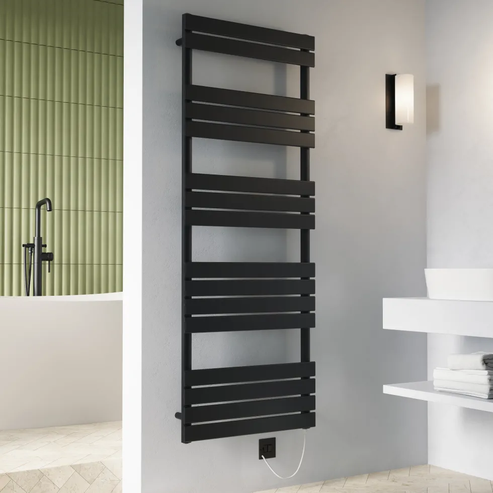 Toasty Hush Matt Black Electric Flat Panel Heated Towel Rail with Heating Element