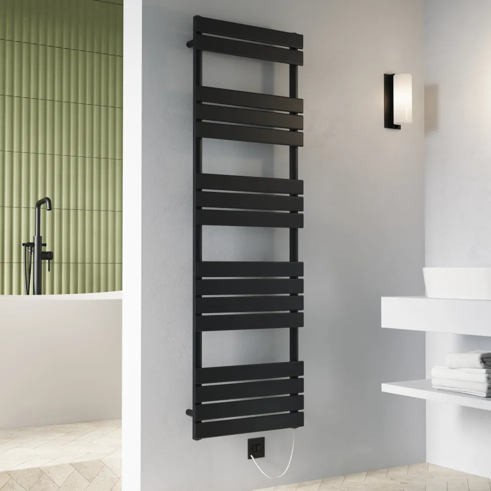 Toasty Hush Matt Black Electric Flat Panel Heated Towel Rail with Heating Element