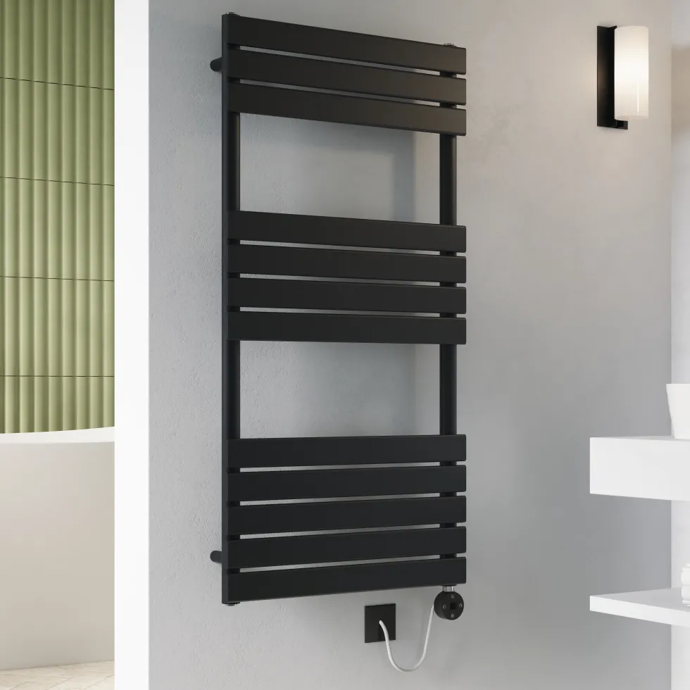 Toasty Hush Matt Black Electric Flat Panel Heated Towel Rail with Heating Element