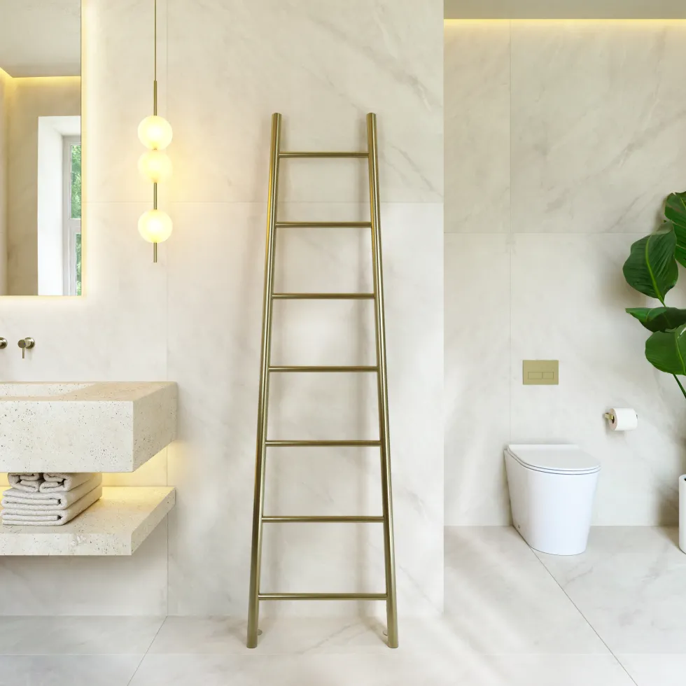 Toasty Oblique Brushed Brass Leaning Ladder Heated Towel Rail - 1800 x 500mm