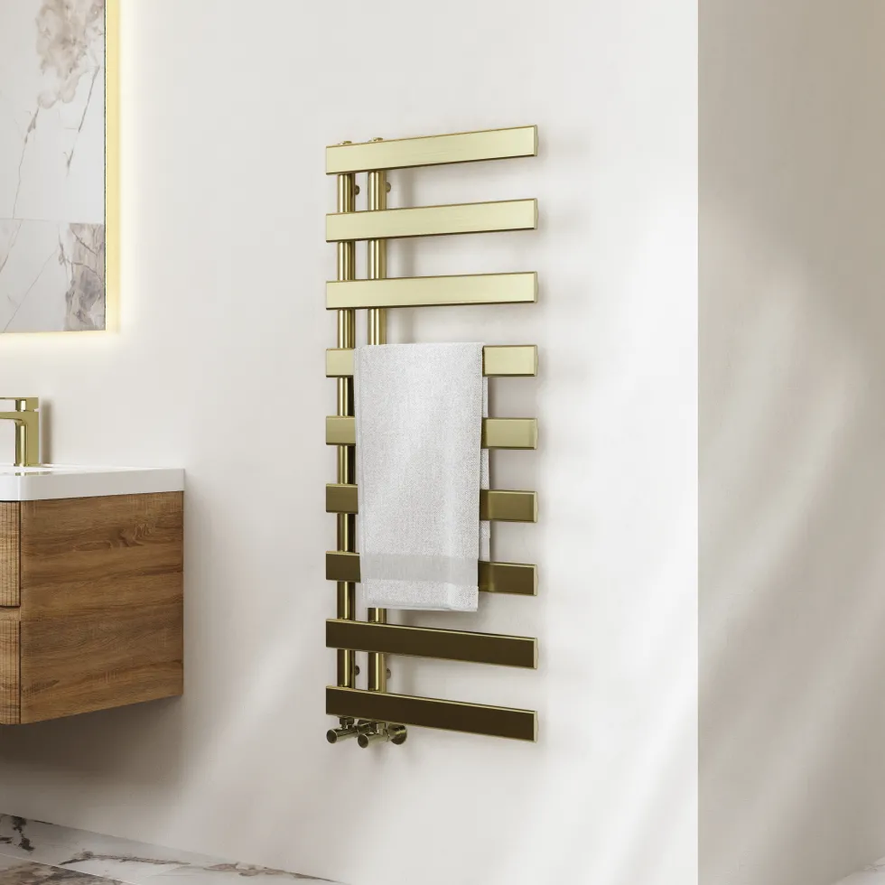 Toasty Retreat Brushed Brass Offset Heated Towel Rail
