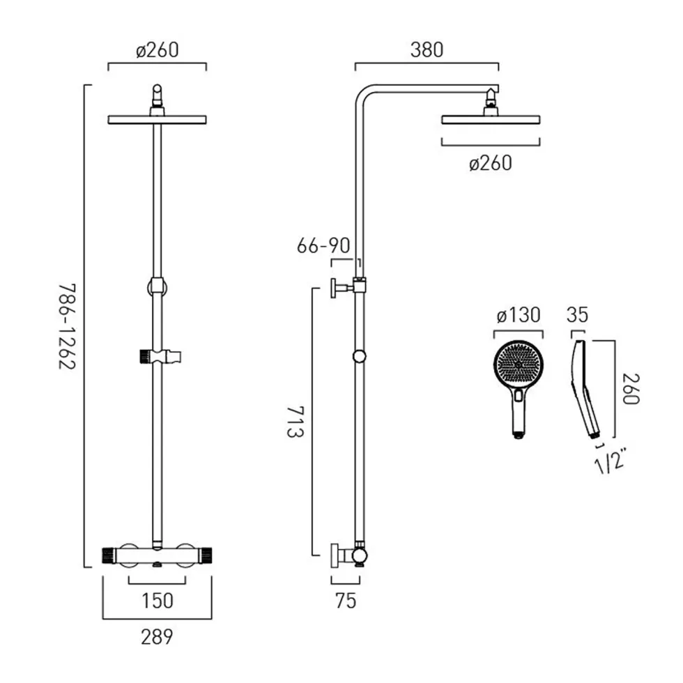 Vado Safari Leverless Exposed Thermostatic Rigid Riser Shower with Multi Function Handset & Easyfit Brackets