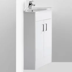 Vellamo Alpine 2 Door Corner Cabinet Vanity Unit & Ceramic Basin - Gloss White