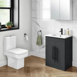 Vellamo Aspire 600mm Floorstanding 2 Door Vanity Unit & Ceramic Basin with Matt Black Handles & Overflow Cover