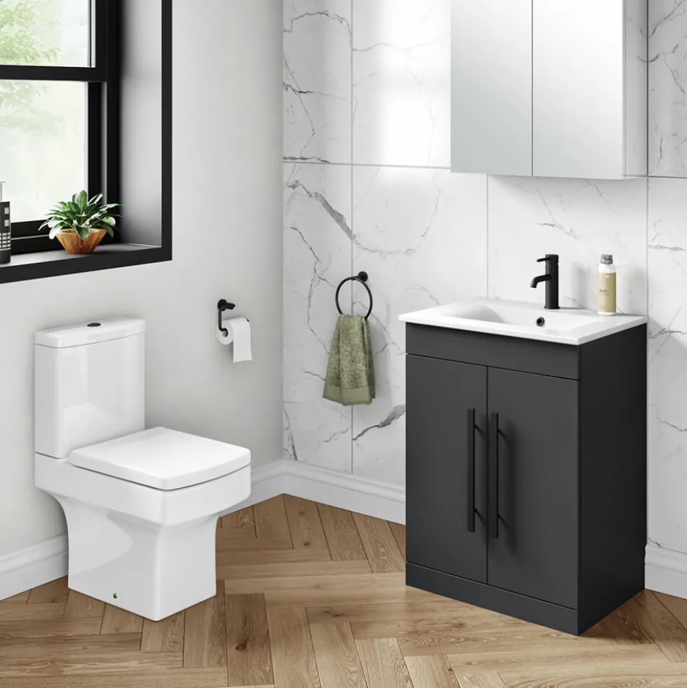 Vellamo Aspire 600mm Floorstanding 2 Door Vanity Unit & Ceramic Basin with Matt Black Handles & Overflow Cover
