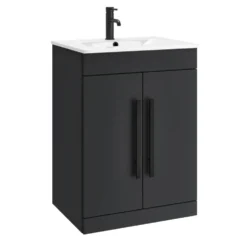 Vellamo Aspire 600mm Floorstanding 2 Door Vanity Unit & Ceramic Basin with Matt Black Handles & Overflow Cover