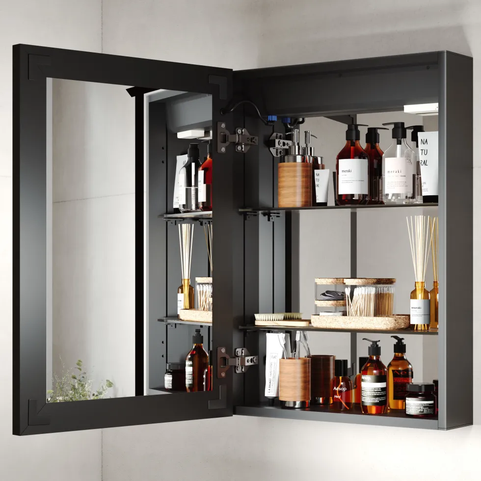 Vellamo Blox Matt Black LED Illuminated Mirrored Cabinet with Demister Pad & Shaver Socket - 500 x 700mm