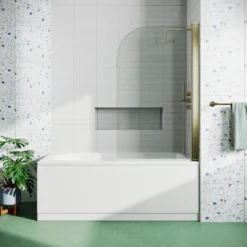 Vellamo Brushed Brass Curved Corner Single Hinged Bath Screen - 1435 x 775mm