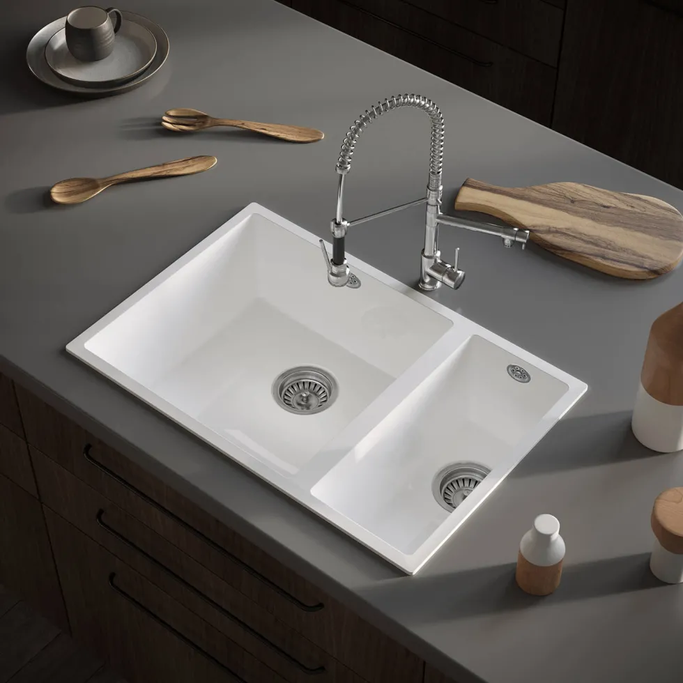 Vellamo Ceramic-Style Gloss White Composite Inset / Undermount 1.5 Bowl Kitchen Sink & Waste - 670 x 440mm