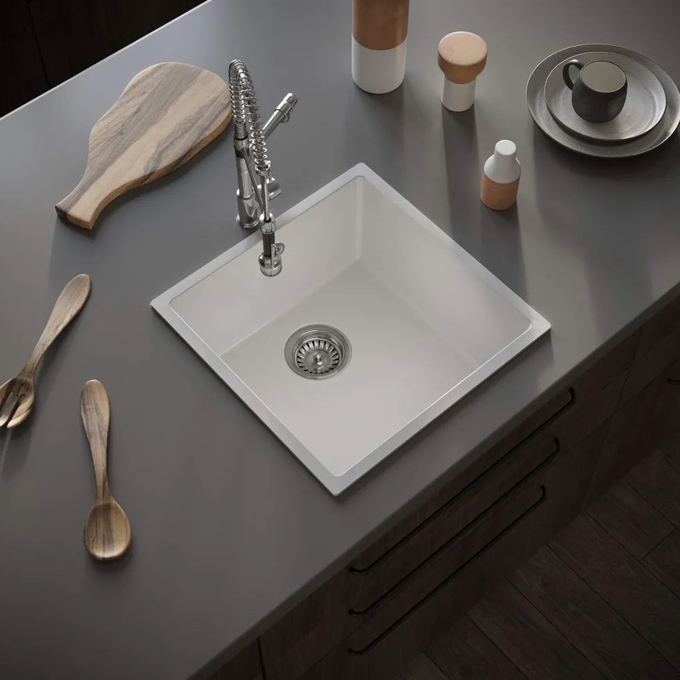 Vellamo Ceramic-Style Gloss White Composite Inset / Undermount 1 Bowl Kitchen Sink & Waste - 440 x 440mm