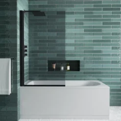 Vellamo City Matt Black 6mm Smoked Black Glass Hinged Bath Screen - 1400 x 800mm