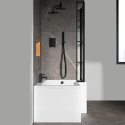 Vellamo City 6mm Matt Black Framed Hinged Bath Screen With Fixed Return - 1430 x 780mm