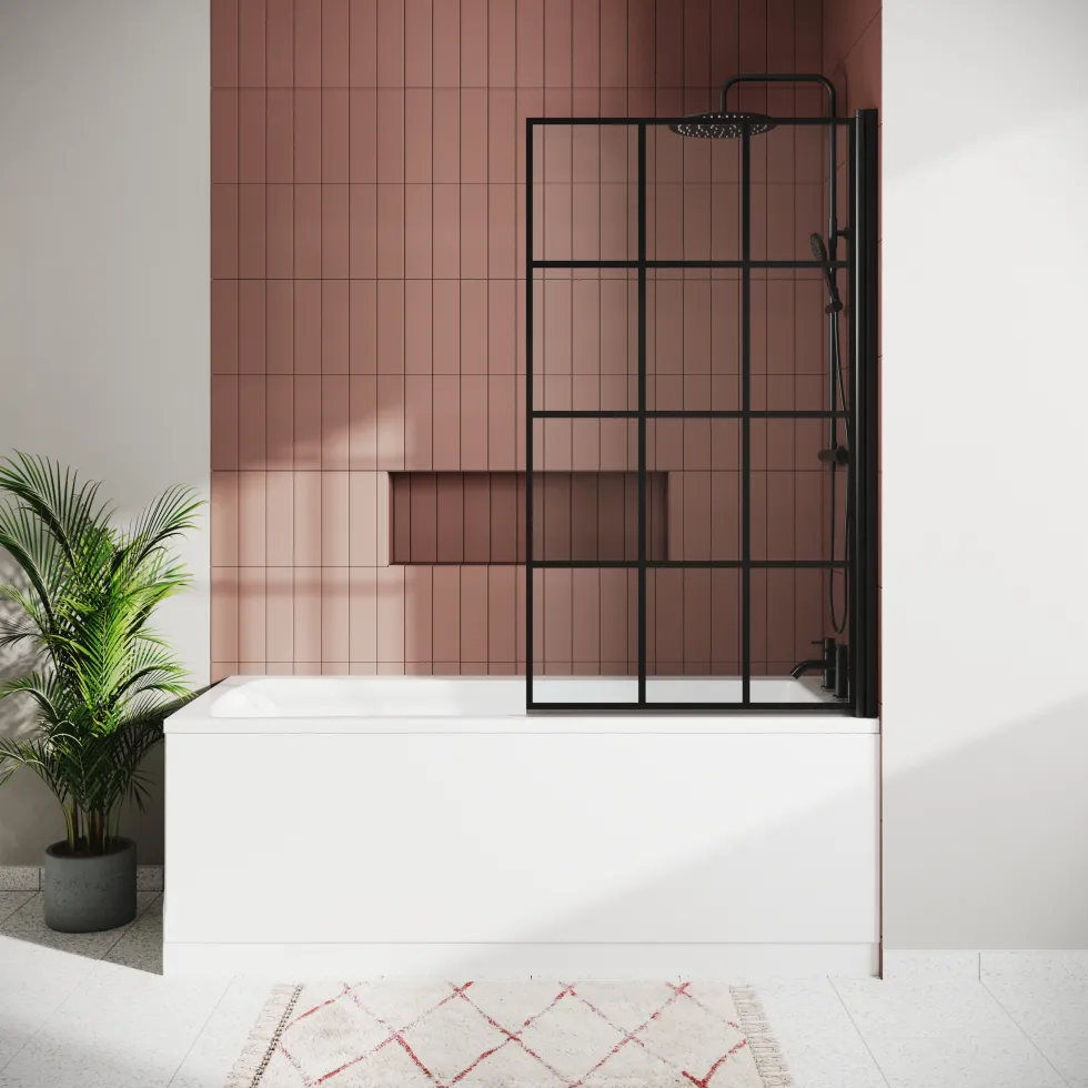 Vellamo City 6mm Matt Black Framed Hinged Grid Bath Screen - 1430 x 770mm