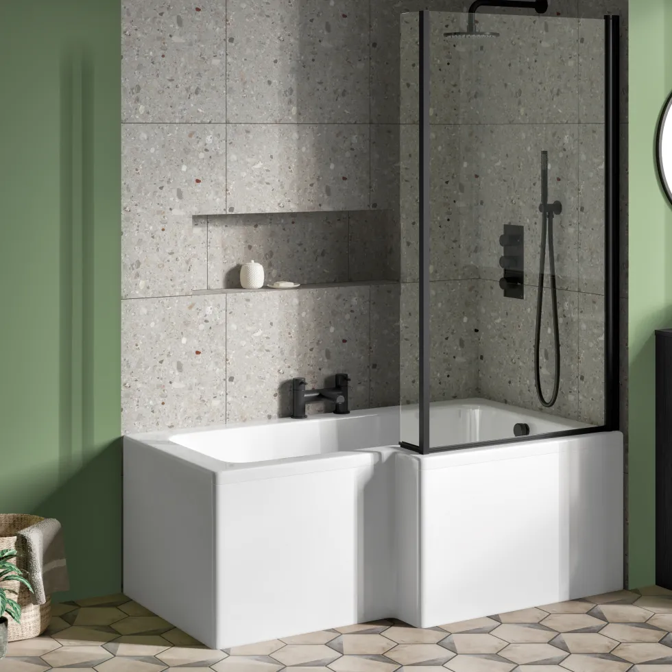 Vellamo City 6mm Matt Black Square Corner Hinged Bath Screen With Fixed Return - 1430 x 780mm