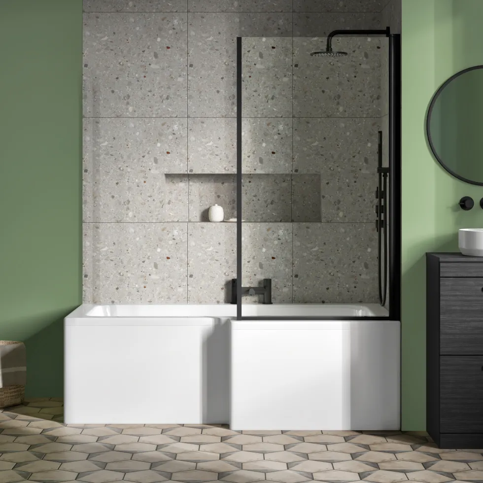 Vellamo City 6mm Matt Black Square Corner Hinged Bath Screen With Fixed Return - 1430 x 780mm