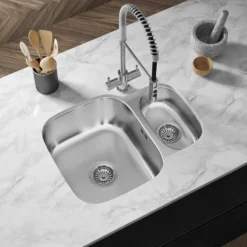 Vellamo Classic 1.5 Bowl Undermount Stainless Steel Kitchen Sink & Waste Kit with Reversible Half Bowl - 595 x 460mm