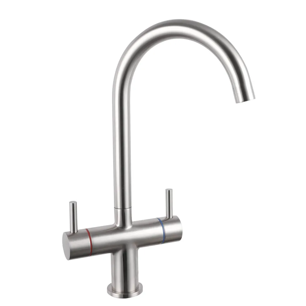 Vellamo Dava Twin Lever Brushed Nickel Mono Kitchen Mixer Tap