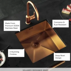 Vellamo Designer Single Bowl Inset/Undermount Stainless Steel Kitchen Sink & Waste - 440 x 440mm