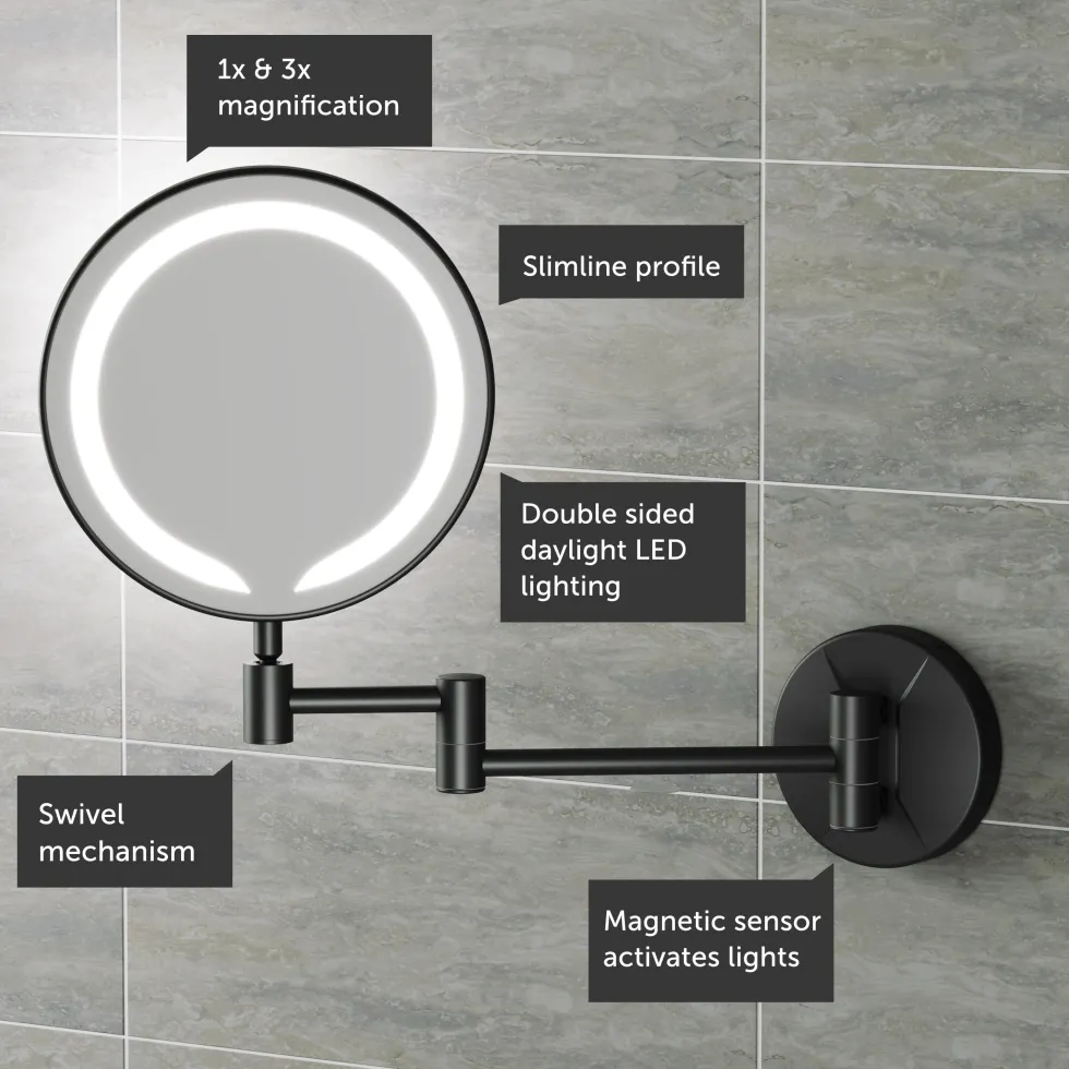 Vellamo LED Illuminated Round Magnifying Wall Mirror with Pull Out Magnetic Sensor - 200mm