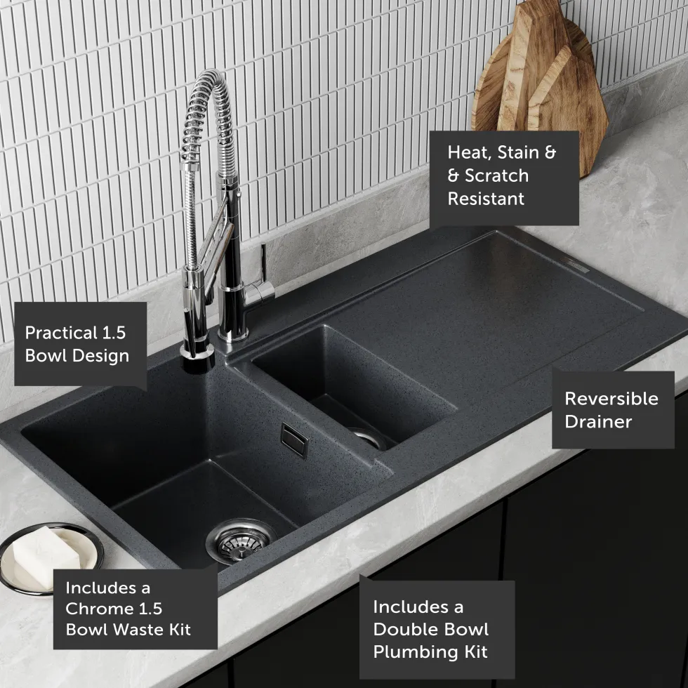 Vellamo Rocca 1.5 Bowl Granite Composite Inset Kitchen Sink & Waste - 1000 x 500mm