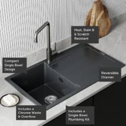 Vellamo Rocca Compact 1 Bowl Granite Composite Inset Kitchen Sink & Waste - 860 x 500mm