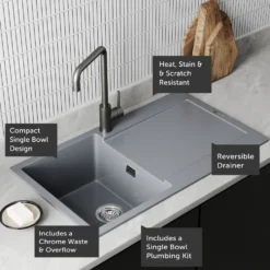 Vellamo Rocca Compact 1 Bowl Granite Composite Inset Kitchen Sink & Waste - 860 x 500mm