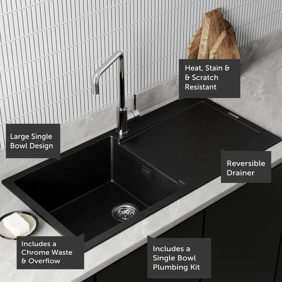 Vellamo Rocca Large 1 Bowl Granite Composite Inset Kitchen Sink & Waste - 1000 x 500mm